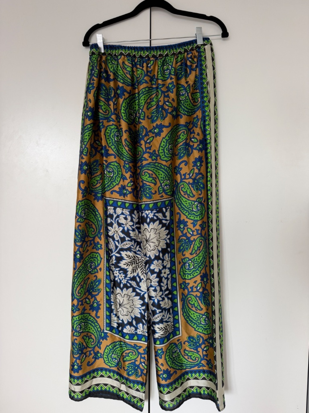 Zara Printed Matching Set NWT L Blouse + Wide Leg Pants Blue Green Paisley - Picture 3 of 8